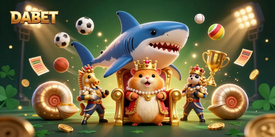 DABET features a dynamic casino scene with a golden hamster king and sports elements.