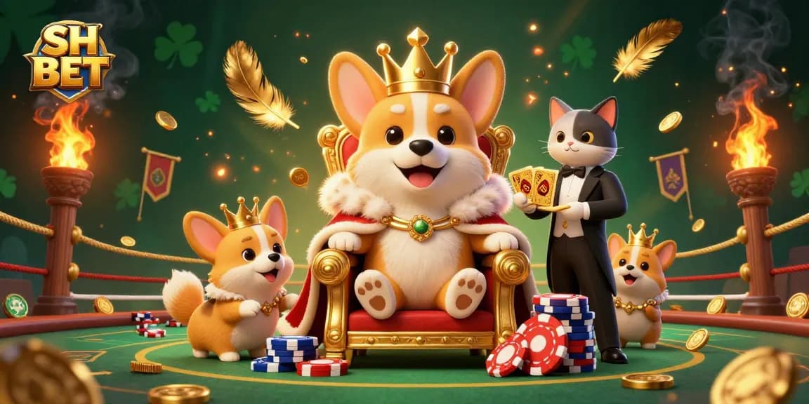 Engage with SH BET's thrilling casino atmosphere featuring a royal corgi on a throne of poker chips.