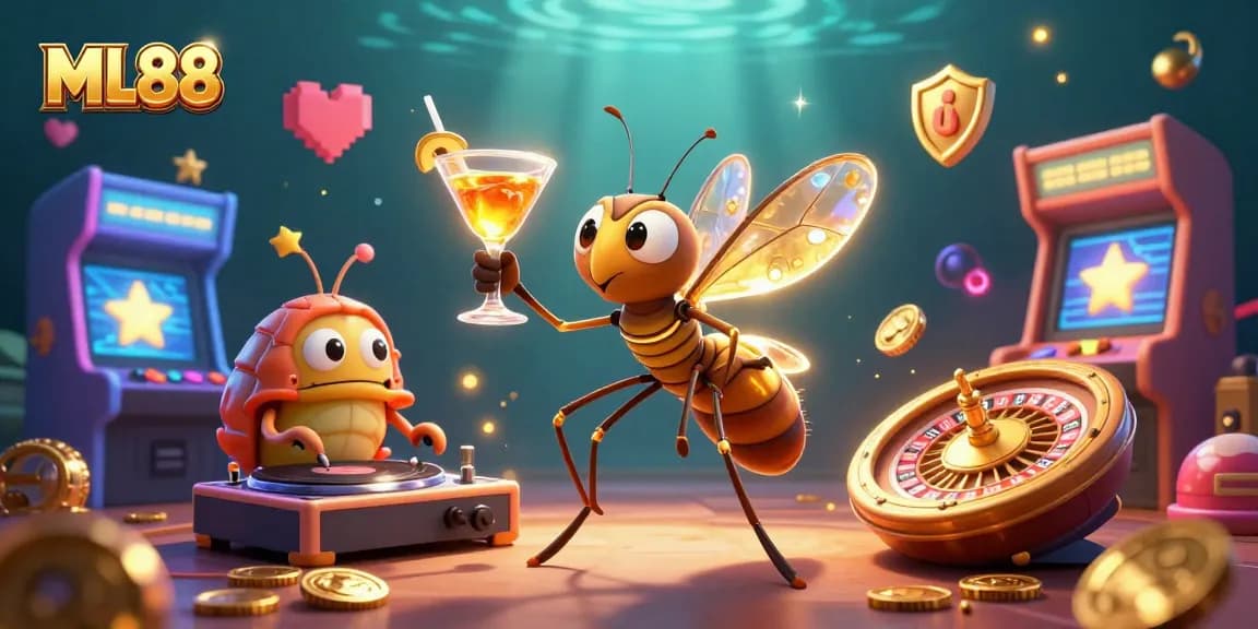 Engaging ML88 casino scene with a lively mosquito mascot and a trilobite DJ.