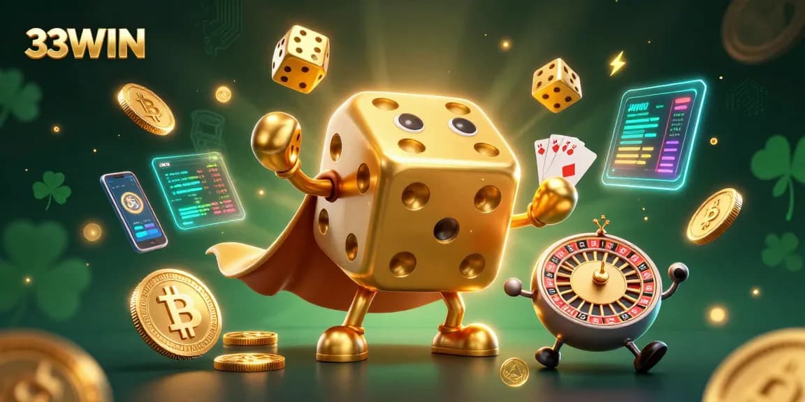 Engage in thrilling gameplay with 33WIN's vibrant 3D casino illustration showcasing dice, crypto coins, and dynamic game elements.