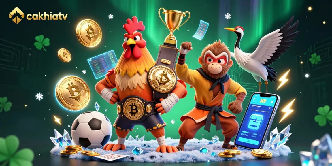 Cakhiatv presents thrilling sports betting action featuring a Muay Thai rooster, Shaolin monkey, and crane master amidst vibrant crypto elements.