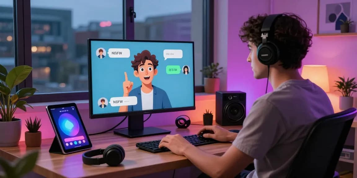The engaging environment of an AI NSFW chat scene showcasing vibrant lighting and animated character interaction.