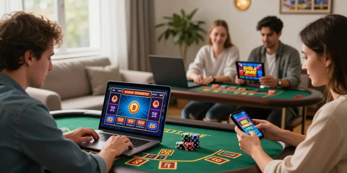 Exciting online casinos Australia scene with diverse players engaging in pokies and table games in a cozy setting.