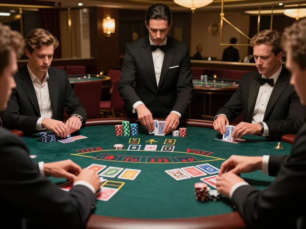 Permainan yang menarik di meja blackjack di kasino mewah, menampilkan taruhan strategis dan pengocokan kartu.
