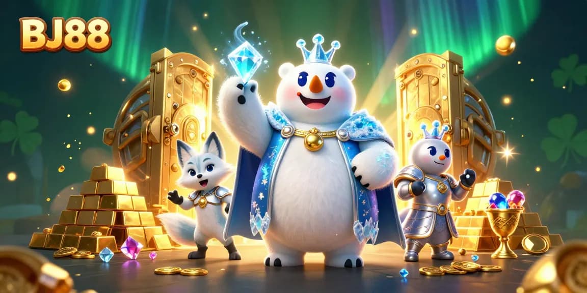 BJ88 casino-themed illustration showcasing the ice king bear and snow fox amidst a treasure-filled scene.