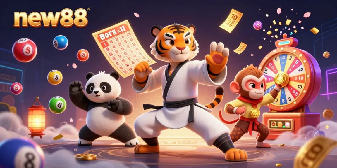 Experience new88's dynamic gaming scene with playful characters and vibrant lottery elements.