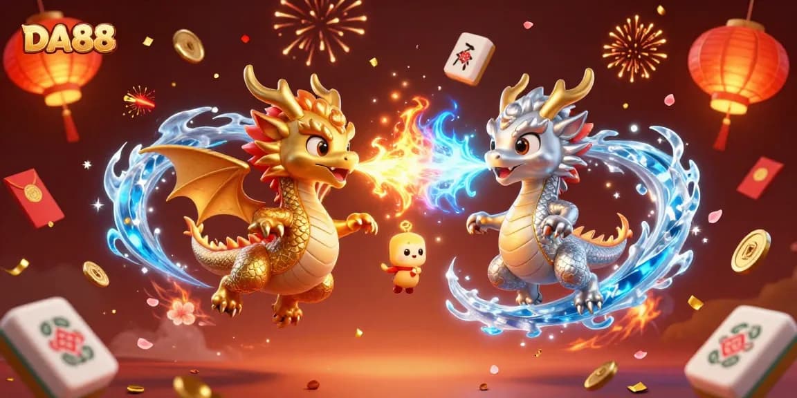 Engage with thrilling DA88 casino adventures as twin dragons breathe fire and ice surrounded by festive elements.