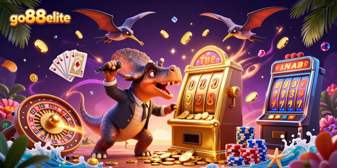 Catch the excitement at go88elite as a pachycephalosaurus celebrates jackpot wins, surrounded by vibrant casino elements.