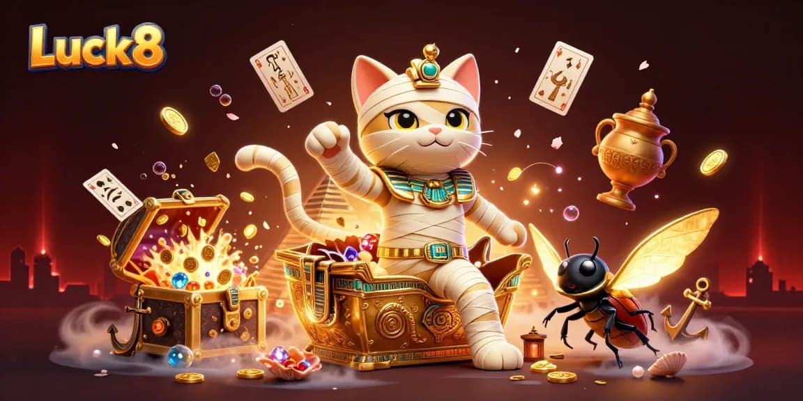 Experience the thrills of Luck8 with a vibrant casino scene showcasing a mummy cat and treasures!