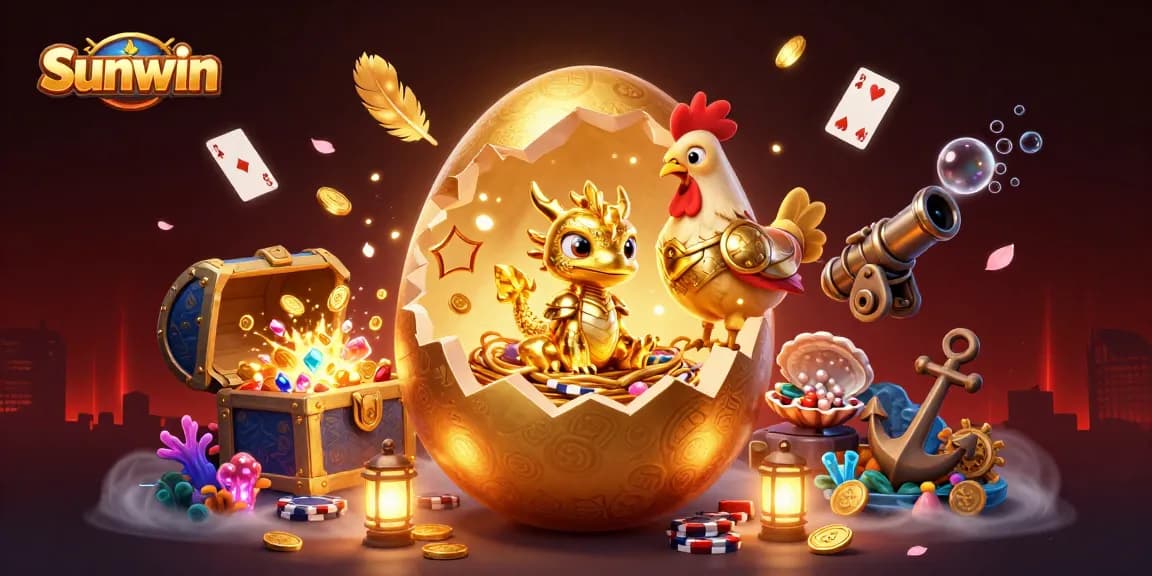 Sunwin showcases a golden dragon on poker chips amidst a vibrant casino scene with treasure and gaming elements.