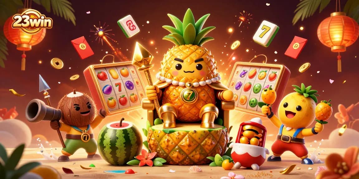 Engage with 23win's vibrant casino atmosphere featuring a golden pineapple king and dynamic game elements for top entertainment.