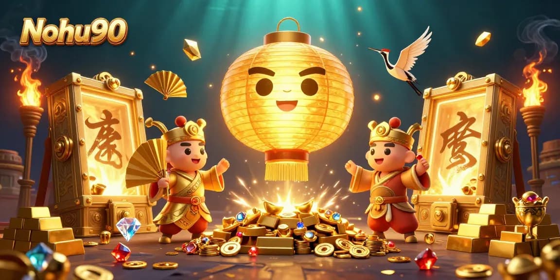 Nohu90 showcases an exciting scene of slot gaming with vibrant illustrations of golden characters and treasure elements.