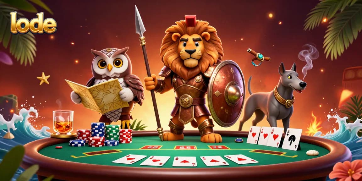 Engage with lode-themed poker gaming as the Spartan lion, owl strategist, and greyhound messenger plan their winning strategy.