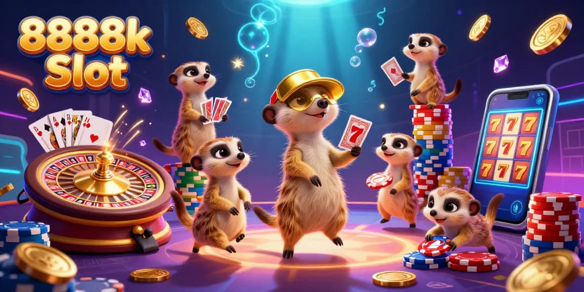 Experience the excitement of 8888k Slot with a meerkat casino scene full of dynamic gaming elements.