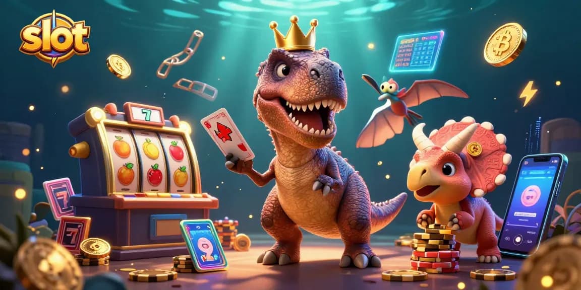 Engage with the exciting slot games featuring a T-Rex, pterodactyl, and triceratops in a vibrant casino setting.