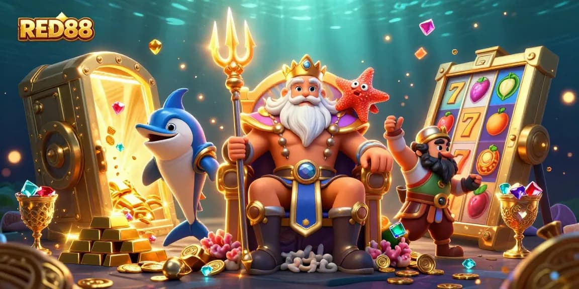 Engage with the dynamic RED88 casino experience, featuring slot reels and treasure in rich 3D illustration.
