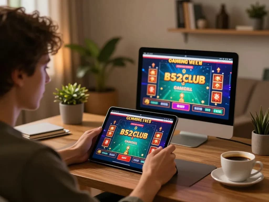 B52club user strategizing in a stylish home office while engaging with online gaming on a tablet.
