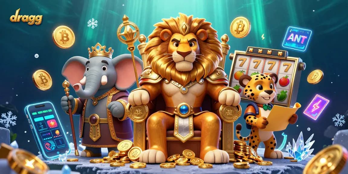 Engage in casino adventures with dragg, presenting a lion king, wise elephant, and swift cheetah amidst vibrant gaming symbols.