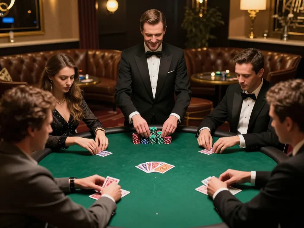Players engage in a high-stakes poker game at 88CLUB's upscale VIP area, showcasing strategy and excitement.