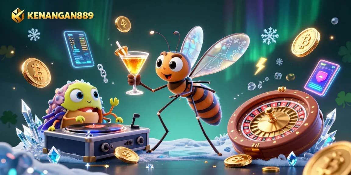 Experience thrilling wins with KENANGAN889's vibrant 3D casino illustration featuring unique characters.