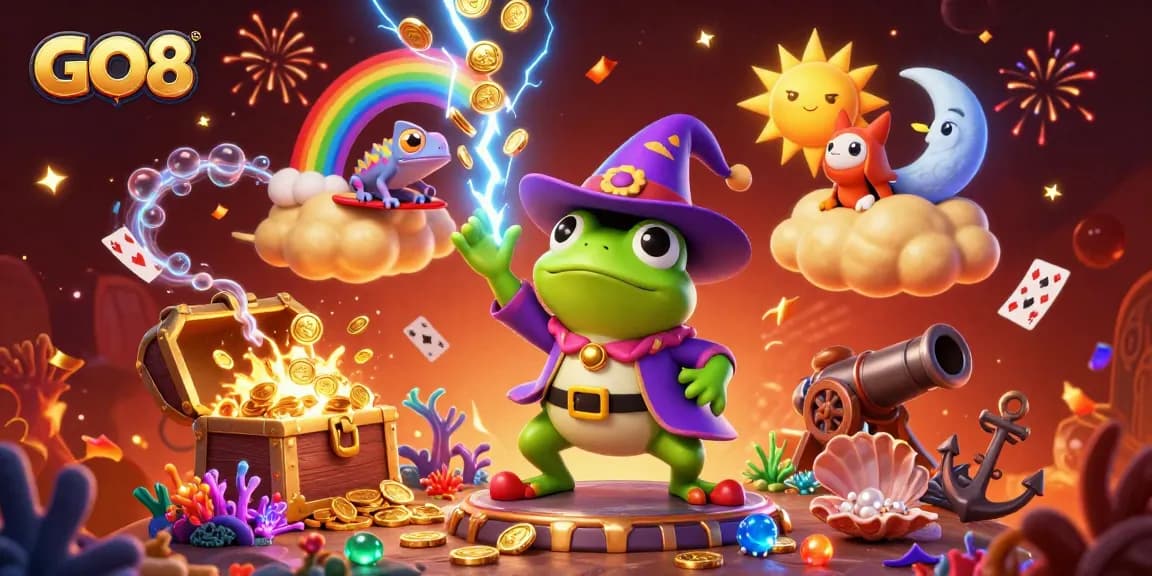 GO8 wizard frog unleashes a storm of golden coins in a vibrant casino scene.