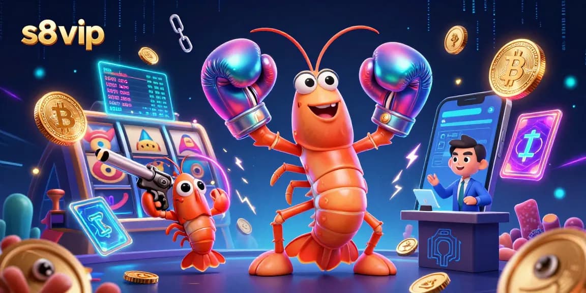 Engage with s8 vip's dazzling slot games amidst vibrant cartoon shrimp and crypto elements.