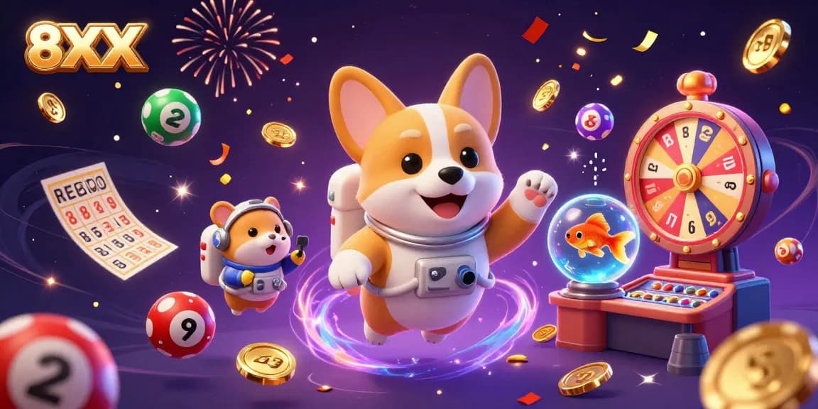 Join the fun at 8XX with colorful lottery balls and casino excitement in a dynamic illustration.