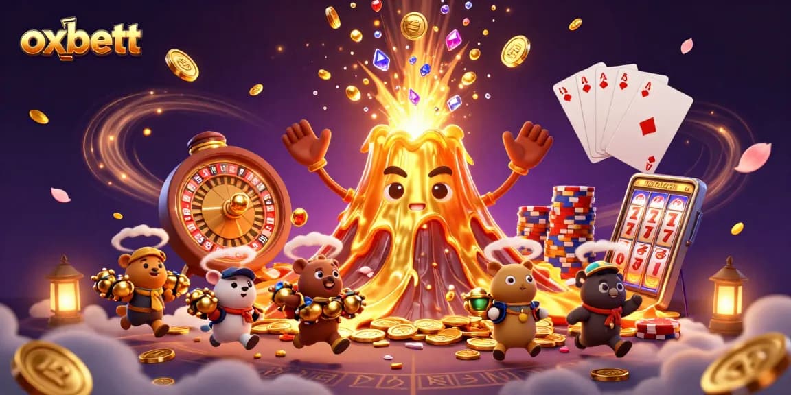 Join oxbett's thrilling adventure with a golden volcano erupting coins and treasures!