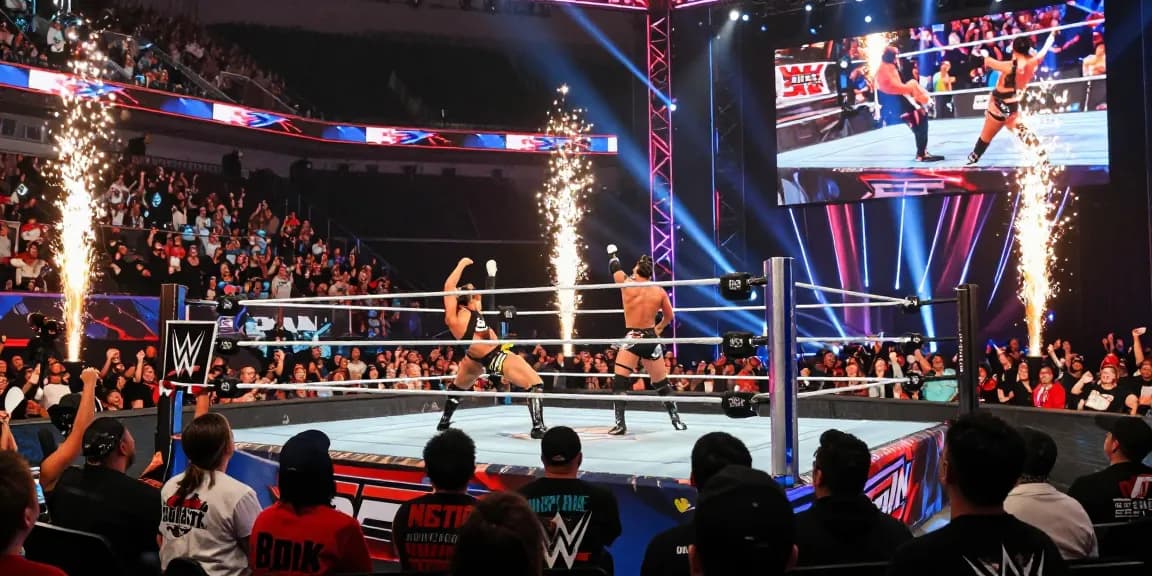 WWE SmackDown wrestlers battling in an electrifying arena atmosphere.