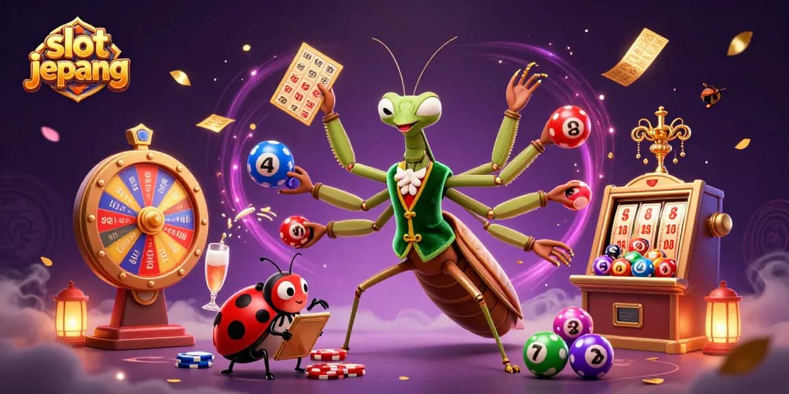 Experience slot jepang excitement with a giant praying mantis dealer in a vibrant casino scene.