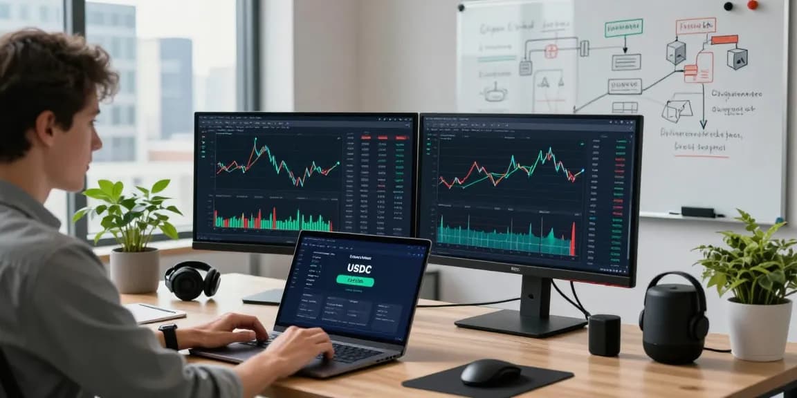 Engaged user utilizing libertyswap platform on dual monitors in a modern workspace showcasing blockchain analytics.