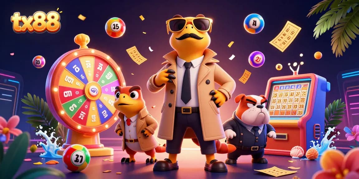 Experience the excitement at tx88 with raptors and colorful lottery elements in a vibrant casino scene.