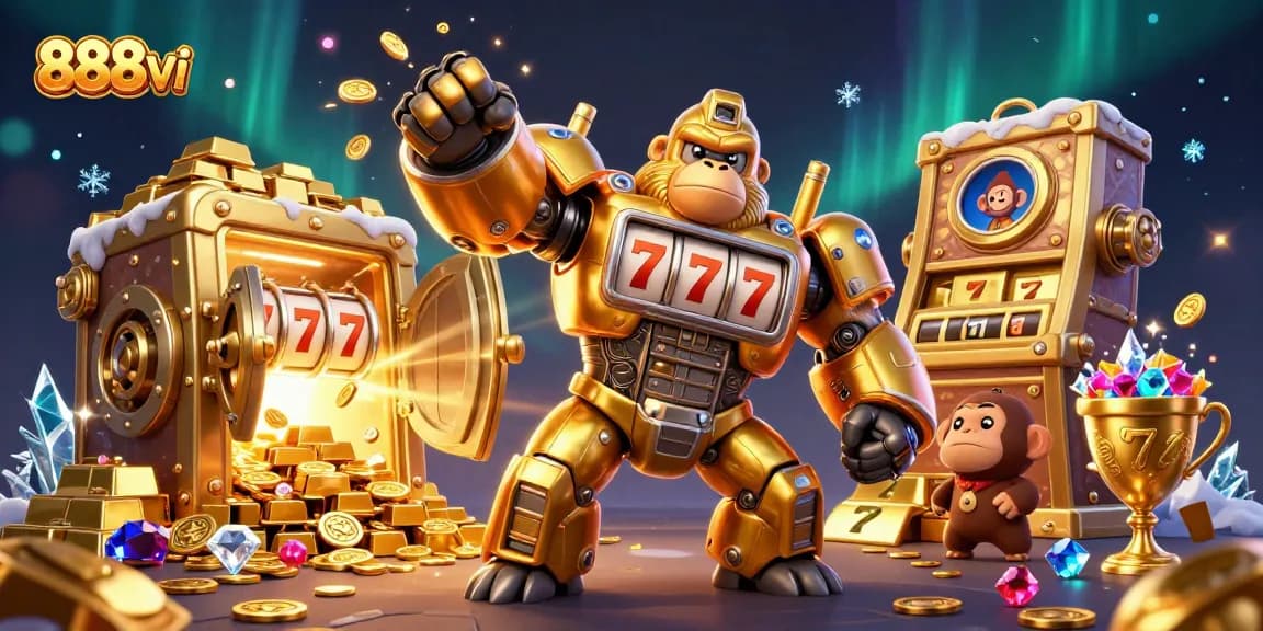 Experience thrilling action at 888vi with an explosive golden gorilla mech celebrating jackpots.