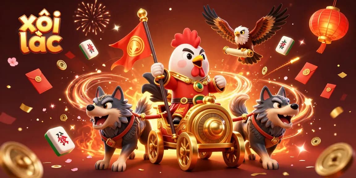 Xôi lạc captures the festive spirit of gambling with animated characters and dazzling golden elements in this vibrant scene.