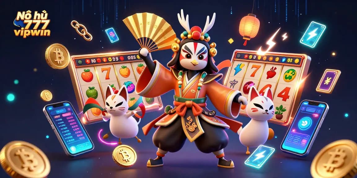 Nổ hũ 777 vipwin offers a thrilling scene with kabuki warrior and crypto elements in a vibrant casino setting.