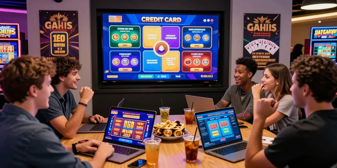 Exciting group of players exploring credit card casinos on chps.org.uk, surrounded by modern decor and gaming devices.