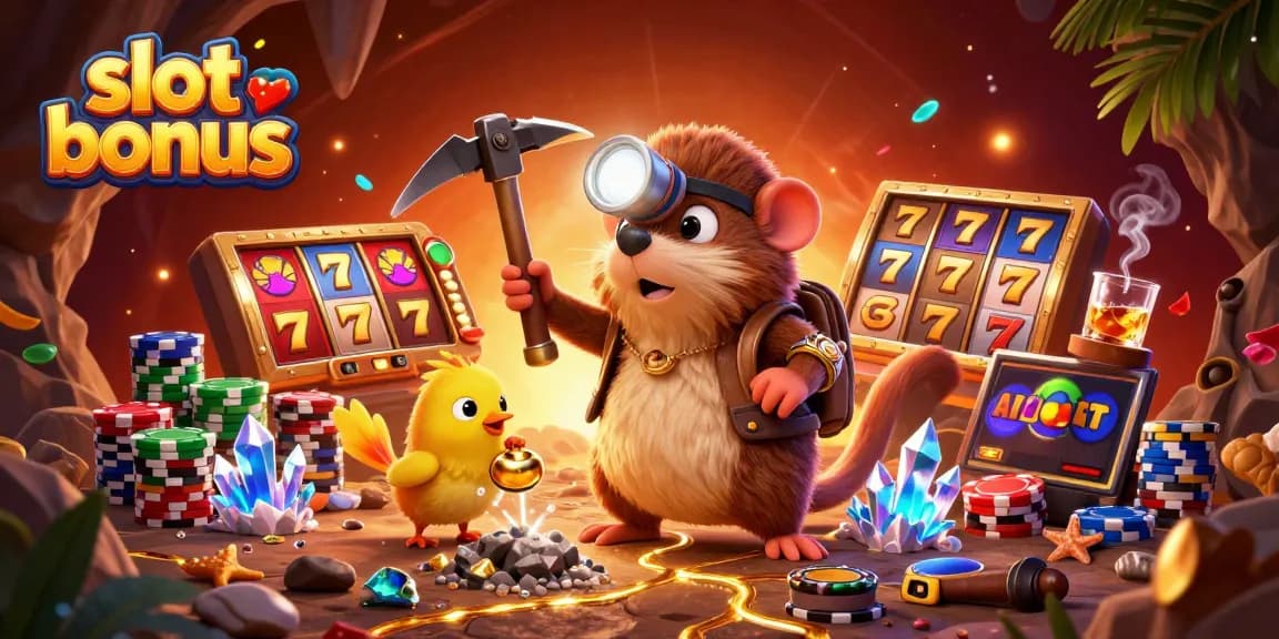 Experience an exciting slot bonus adventure with a treasure hunter in a vivid casino scene.