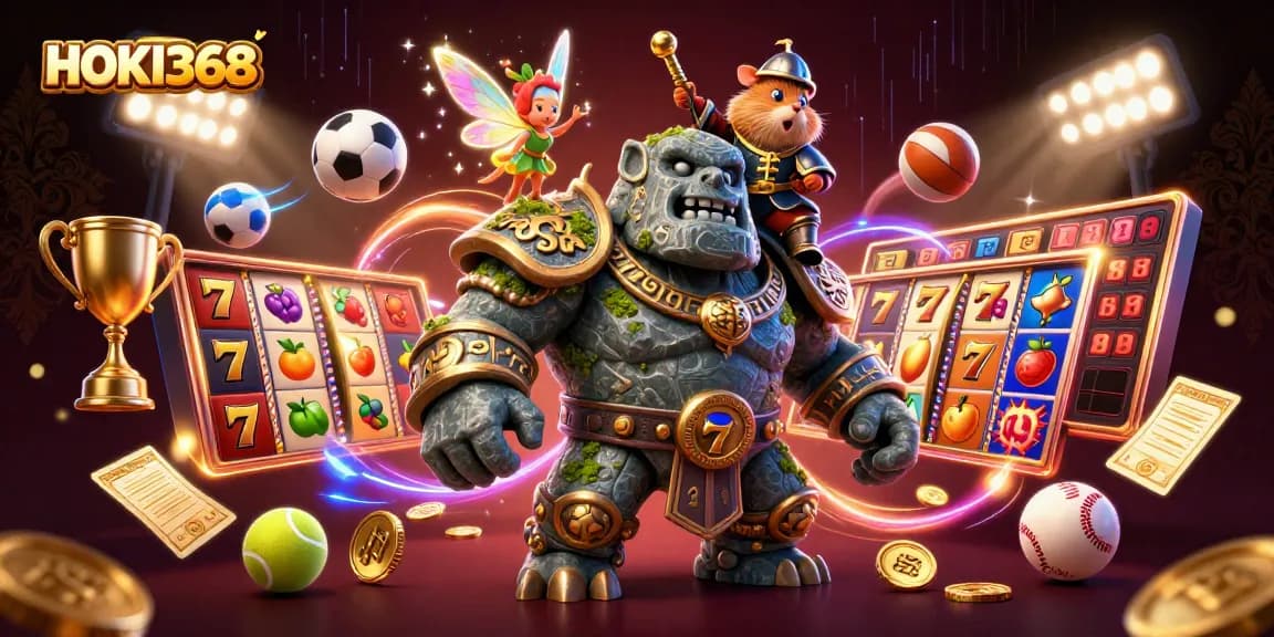 Experience the excitement of HOKI368 with a vibrant 3D casino illustration featuring dynamic game elements.