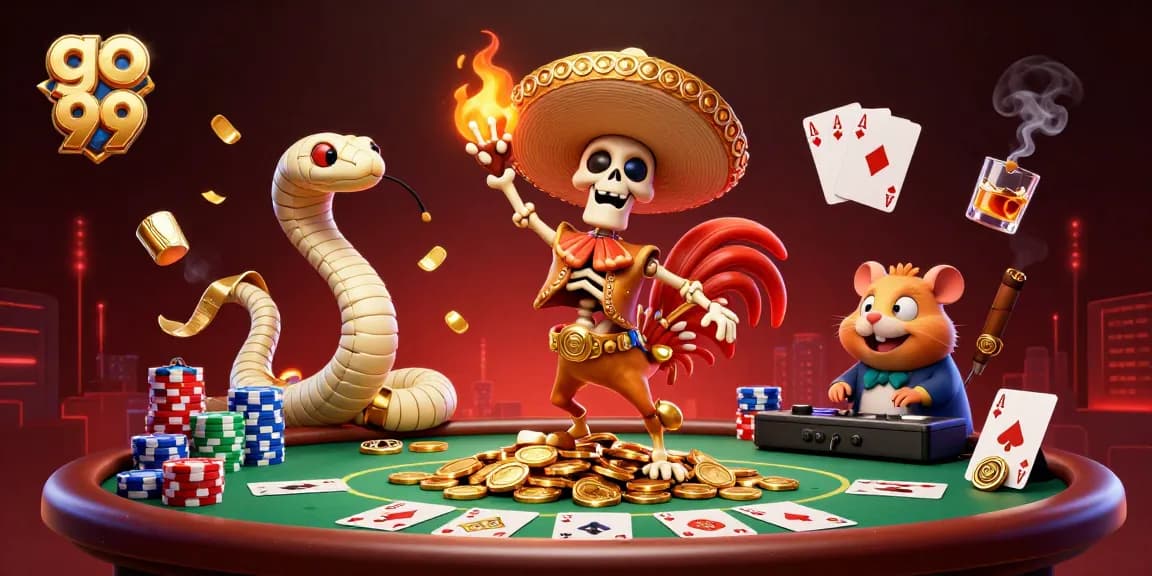 Play thrilling poker with go 99 as cartoon characters celebrate on golden coins.