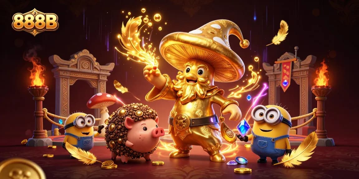 Experience winning thrills at 888B with magical characters and golden treasures in an immersive casino scene.