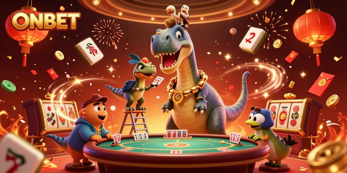 Join the fun at ONBET with a vibrant casino scene featuring a towering brontosaurus and raptor dealer.