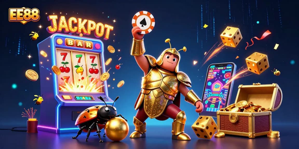 EE88 showcases a hero beetle in armor celebrating with jackpot winning symbols around it.