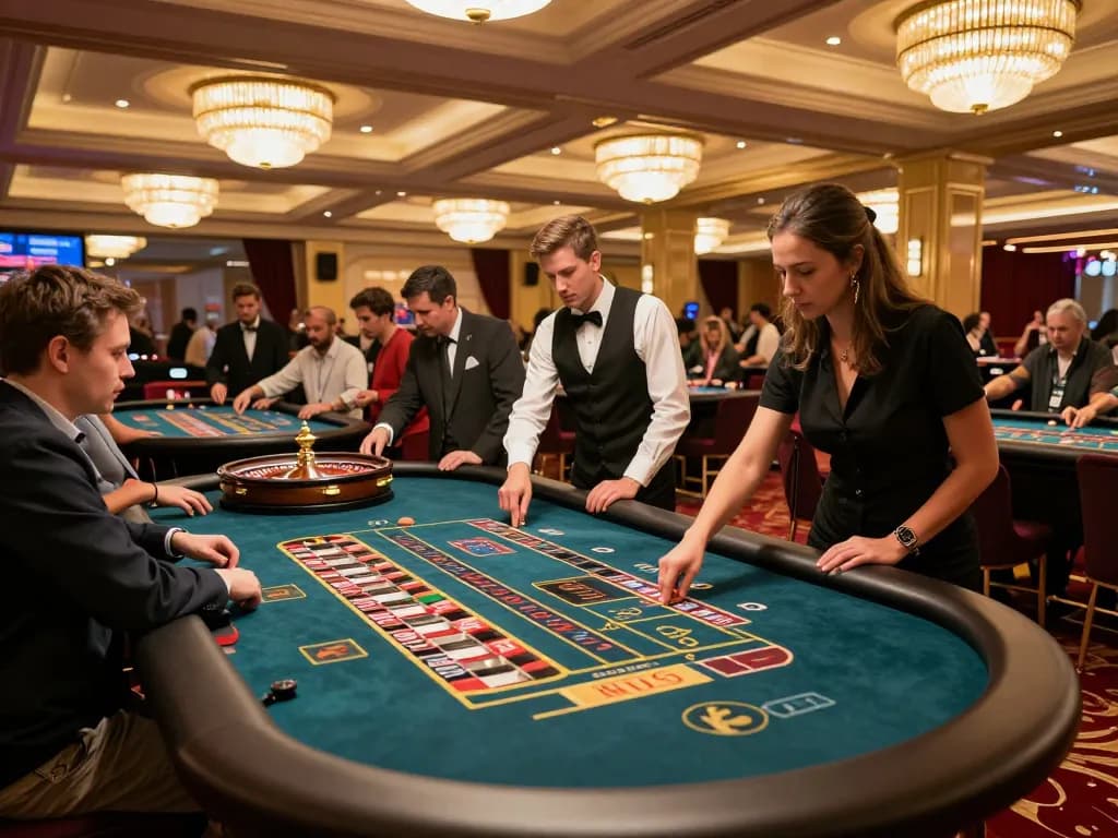 Players enthusiastically placing bets at a lively HBET roulette table in an upscale casino.