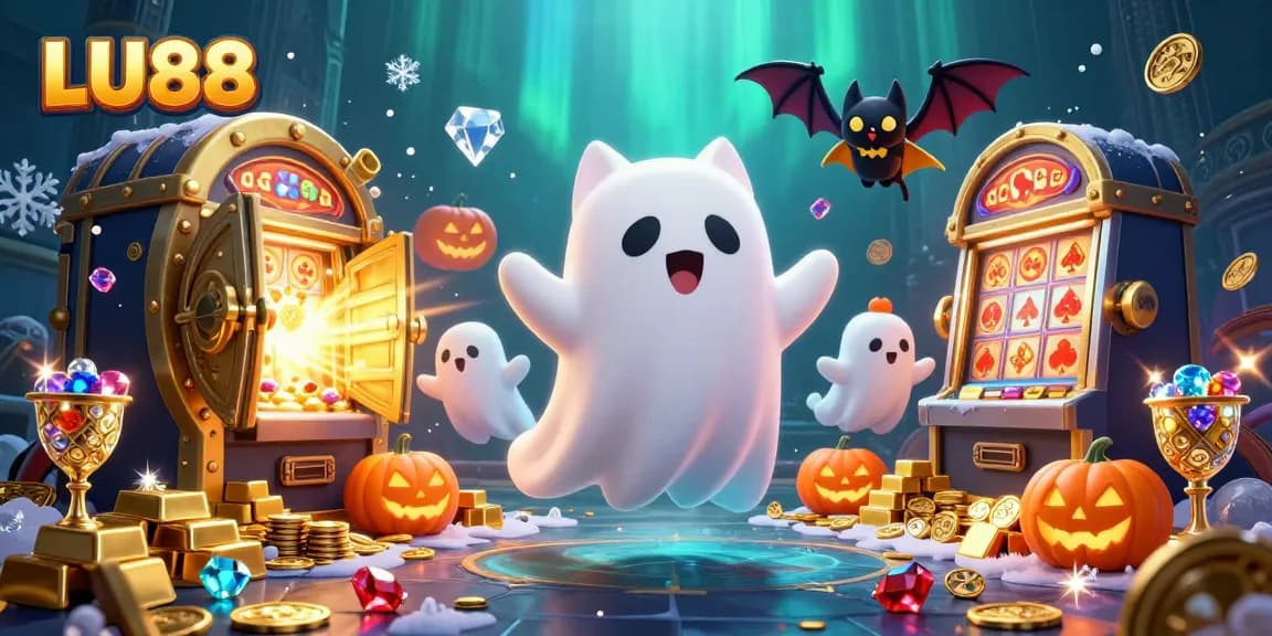 LU88 captures the thrill of gambling with a ghost cat and treasures in a lively casino scene.