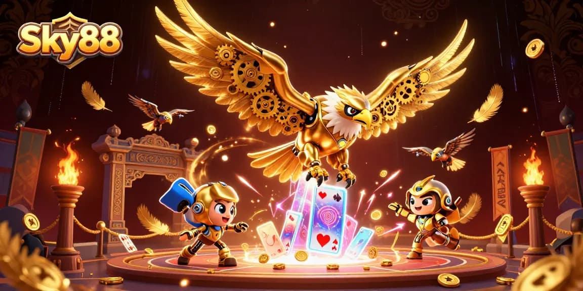 Sky88 enhances your gaming adventure with an engaging 3D cybernetic eagle illustration.