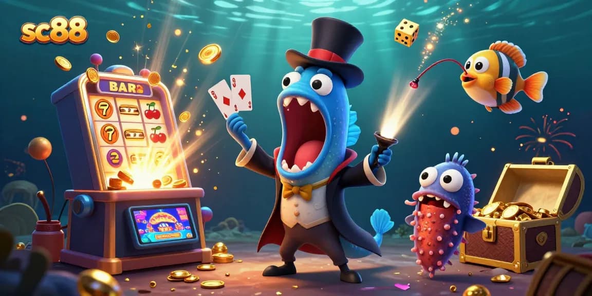 sc88 engages players with a vibrant casino scene featuring deep-sea characters enjoying thrilling gaming action.