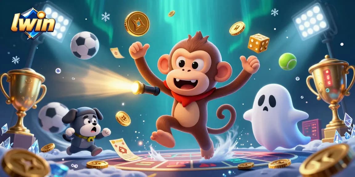 Lwin showcases a playful ghost juggling coins and cards in a haunted casino filled with sports elements.