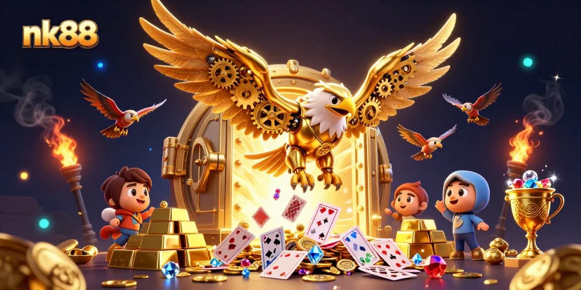 nk88 brings excitement as a golden eagle dives through holographic cards in a vibrant casino world
