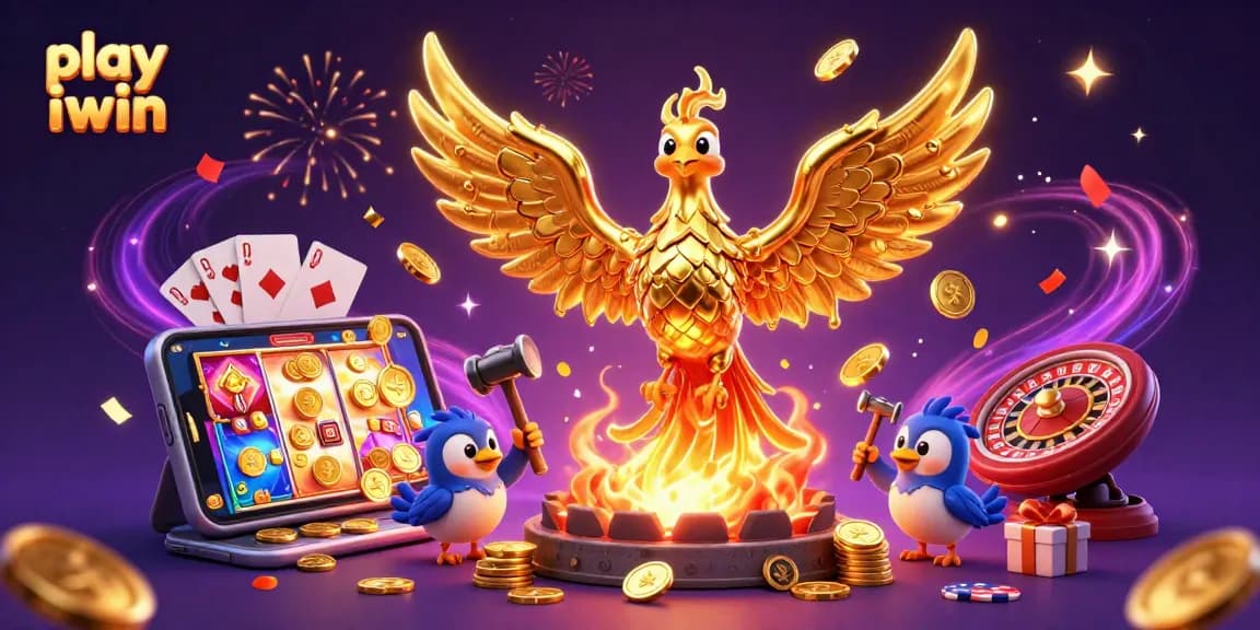 Play iwin with exciting games as a molten phoenix rises, surrounded by gold coins and vibrant casino elements.