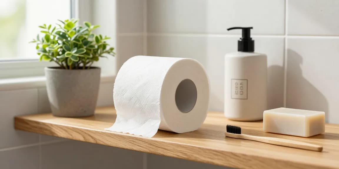 Bamboo toilet roll featured in an eco-friendly bathroom setting with a potted plant, emphasizing sustainability and natural living.
